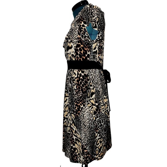 Helene Blake Womens L Leopard Print Short Sleeve Ruffle Neck Tie A Line … - Picture 3 of 5